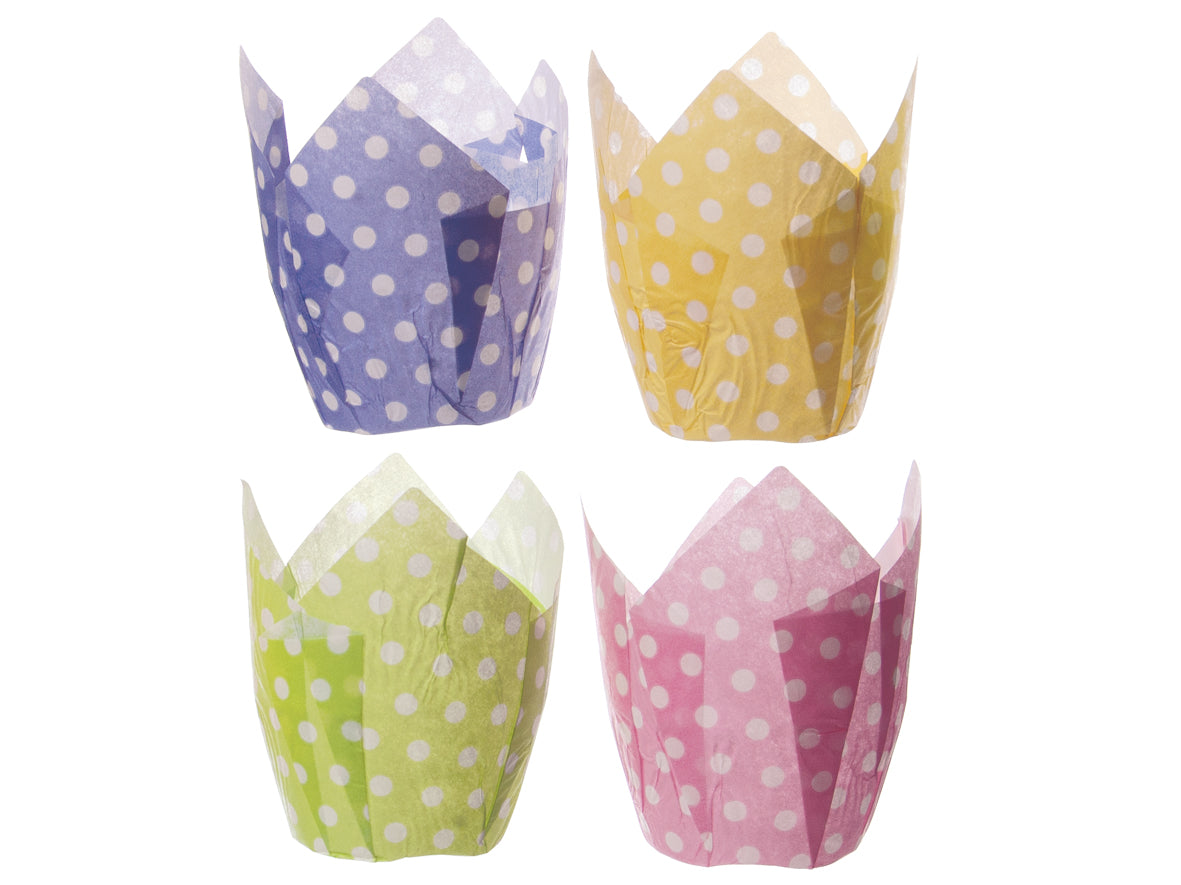 Tulip Cup Backform Gepunktet H:5-8,8cm Ø5cm (Gelb, Lila, Grün, Pink) - 1000 Stück
