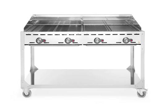 Grillsystem Green Fire mit 4 Brennern, HENDI, Profi Line, mit Rollengestell, Hellgrau, 22kW, 1400x612x(H)825mm