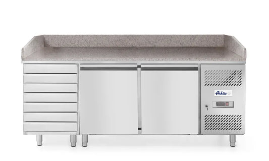 Pizzatisch, zweitürig mit 7 Schubladen 280L, Arktic, 250L, 230V/250W, 2020x802x(H)1000mm