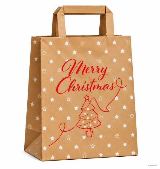 Papiertasche Tragetasche Merry Christmas braun 32+22x27cm - 50 Stück