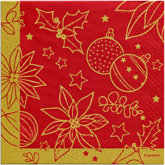 Servietten Weihnachten 33x33cm 3-lagig 1/4 Falz Rot-Gold - 100 Stück