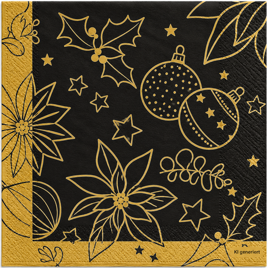 Servietten Weihnachten 33x33cm 3-lagig 1/4 Falz Schwarz-Gold - 100 Stück